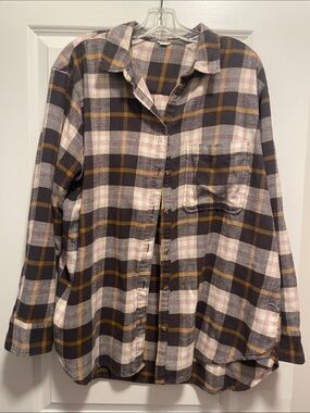 Aerie Cozy Plaid Button-Up Shirt in Charcoal, Pink & Mustard